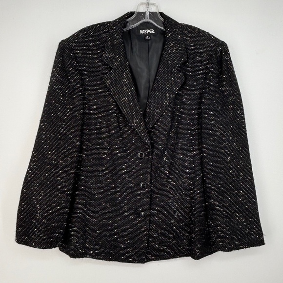 Kasper Womens Size 16 Three Button Blazer Jacket Black White Tweed 3/4 Sleeves - Picture 1 of 10